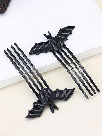 Gothic Black Bat Hair Pins, Halloween Metal Hair Fork Combs, Spooky Dark Style Hair Sticks For Women Cosplay Party Costume Hair Accessories
