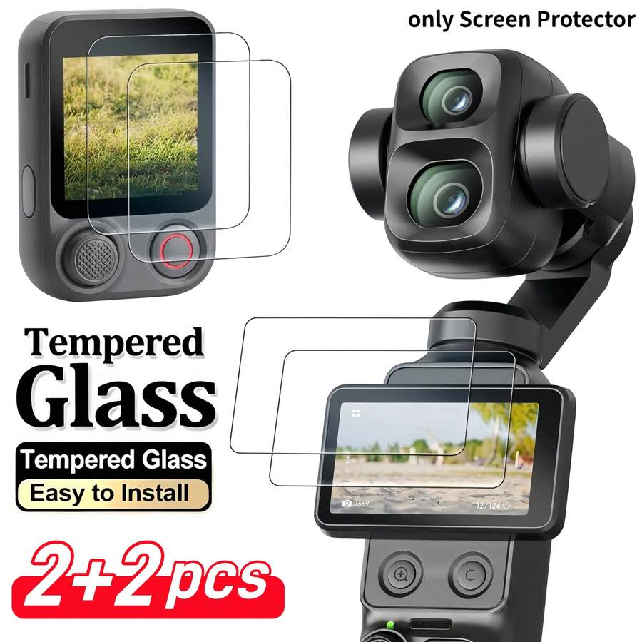 [2+2件] Osmo Pocket 4P+ OM8P 螢幕保護貼，Pocket 4 Pro 配件，鋼化玻璃螢幕保護貼，9H 硬度，超清晰，觸控靈敏，無氣泡，套裝包含：Pocket 4P 主螢幕 X2 + OM8P 觀景窗主螢幕 X2