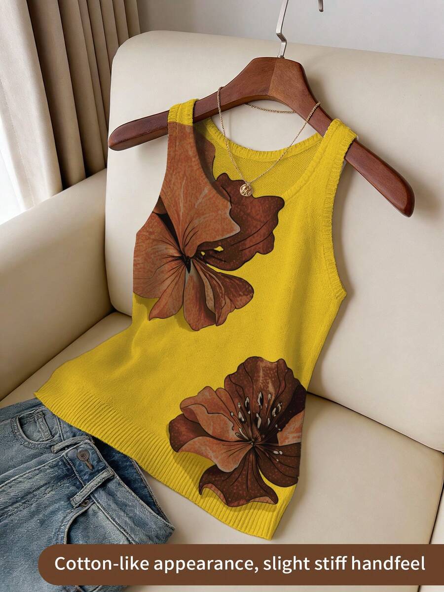ASHKATIA Women's Plus Size Knit Crew Neck Tank Top, Printed Pattern, Regular Length, Slightly Elastic, Casual Autumn Style Yellow Fall - Yellow - View 1