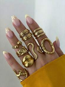 Set Cincin 8 Buah Multi-Layer Stackable Fashion Minimalis Elegan Desain Vintage Indah Pita Geometris Bulat Berongga Manik-manik Tekstur Lipit Asimetris Salib Multi-Layer Dipoles Minimalis Polos Lebar Tebal, Hadiah Liburan Pesta Kencan, Pakaian Sehari-hari - Yellow Gold - View 2