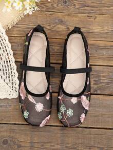 Embroidered Mesh Mary Jane Women's Shoes, Square Toe Elastic Strap Breathable Soft Sole Flat Shoes - Black - View 7