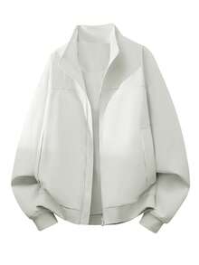 Blueprint Man 1pc Men's Jacket, White Stand Collar Jacket, Smooth Woven Fabric Skin-Friendly, Durable And Fade-Resistant, Machine Washable, Business Casual Style, Versatile Solid Color All-Match Outerwear For Daily Commute And Casual Outings - White - View 5