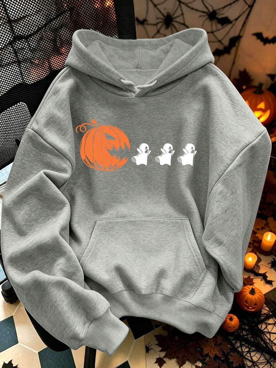 Halloween Damen-Hoodies in Große Größen, Kürbis- und Geister-Muster Hoodies mit Taschen, Damen-Hoodies für Herbst/Winter. - Grau - Übersicht 1