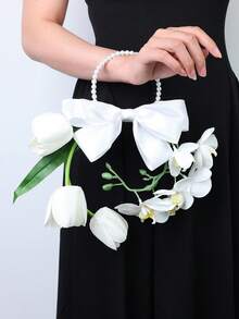 1pc Bohemian Style Satin Bow Ring Bridal Bouquet, Gentle & Elegant - White - View 5