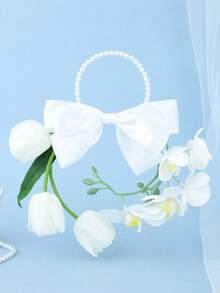 1pc Bohemian Style Satin Bow Ring Bridal Bouquet, Gentle & Elegant - White - View 8