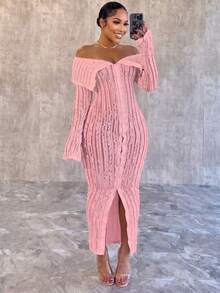 Textured Jacquard Knit Dress - Pink - View 1