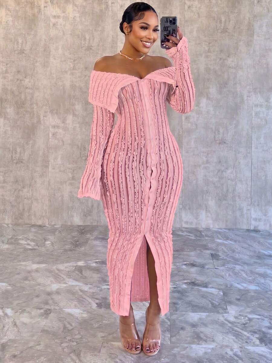 Textured Jacquard Knit Dress - Pink - View 1