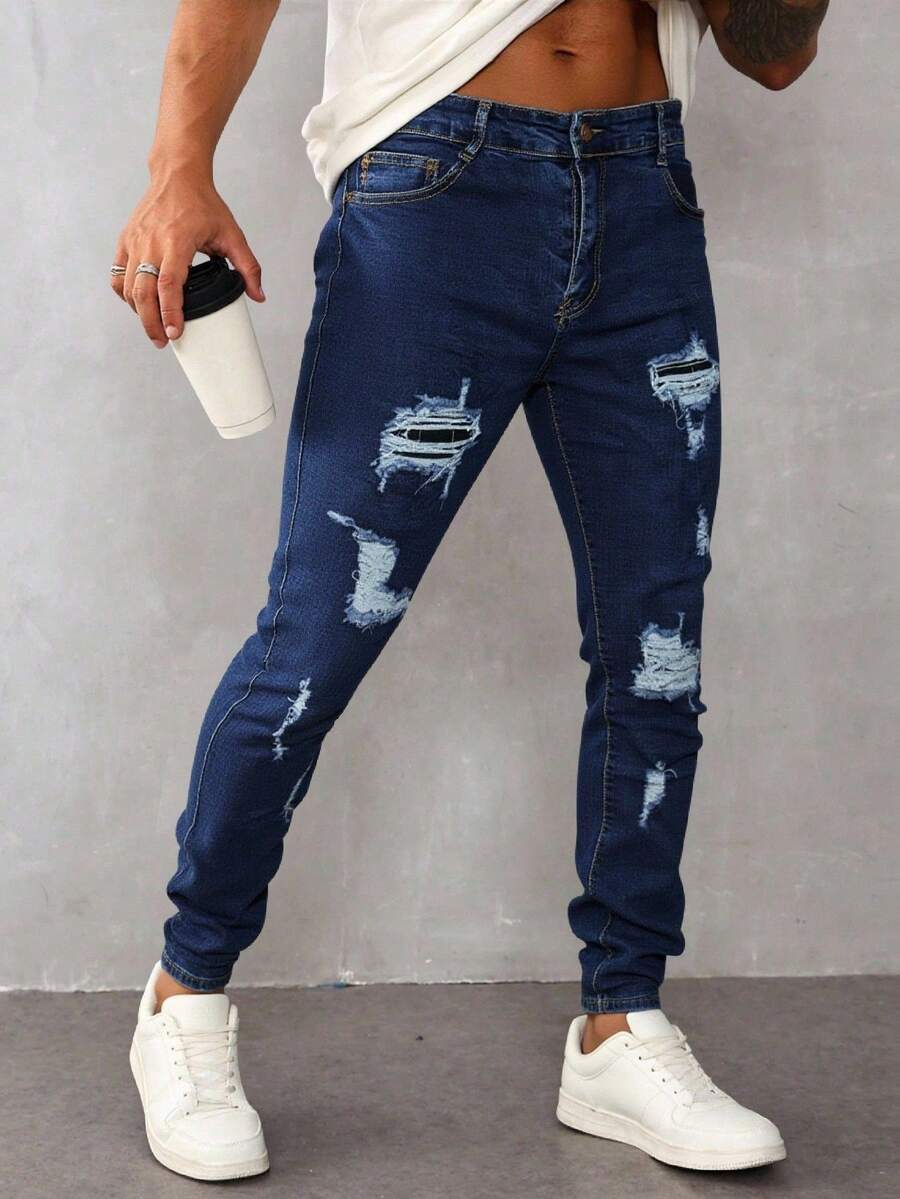 Impala Pantalones Pitillo Elásticos Rotos para Hombre, Dos Colores Azul Claro y Azul Oscuro, Estilo Urbano Desgastado - Azul lavado oscuro - Ver 1