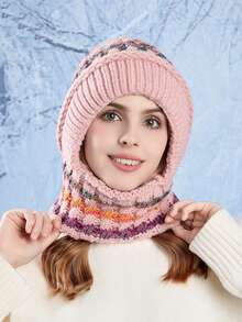 1 pieza Gorro de invierno para mujer con bufanda y mascarilla facial todo en uno, forro térmico, protección para orejas, para montar, a prueba de viento - Multicolor - Ver 5