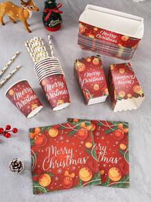 10/24pcs Red Christmas Ball, Pine Branch And Bow Print Paper Tableware Set, Includes Paper Cups, Popcorn Food Boxes, Napkins And Straws, Disposable Paper Tableware Suitable For New Year Celebrations, Family Gatherings, Dessert Events And Seasonal Parties - Multicolor - View 7