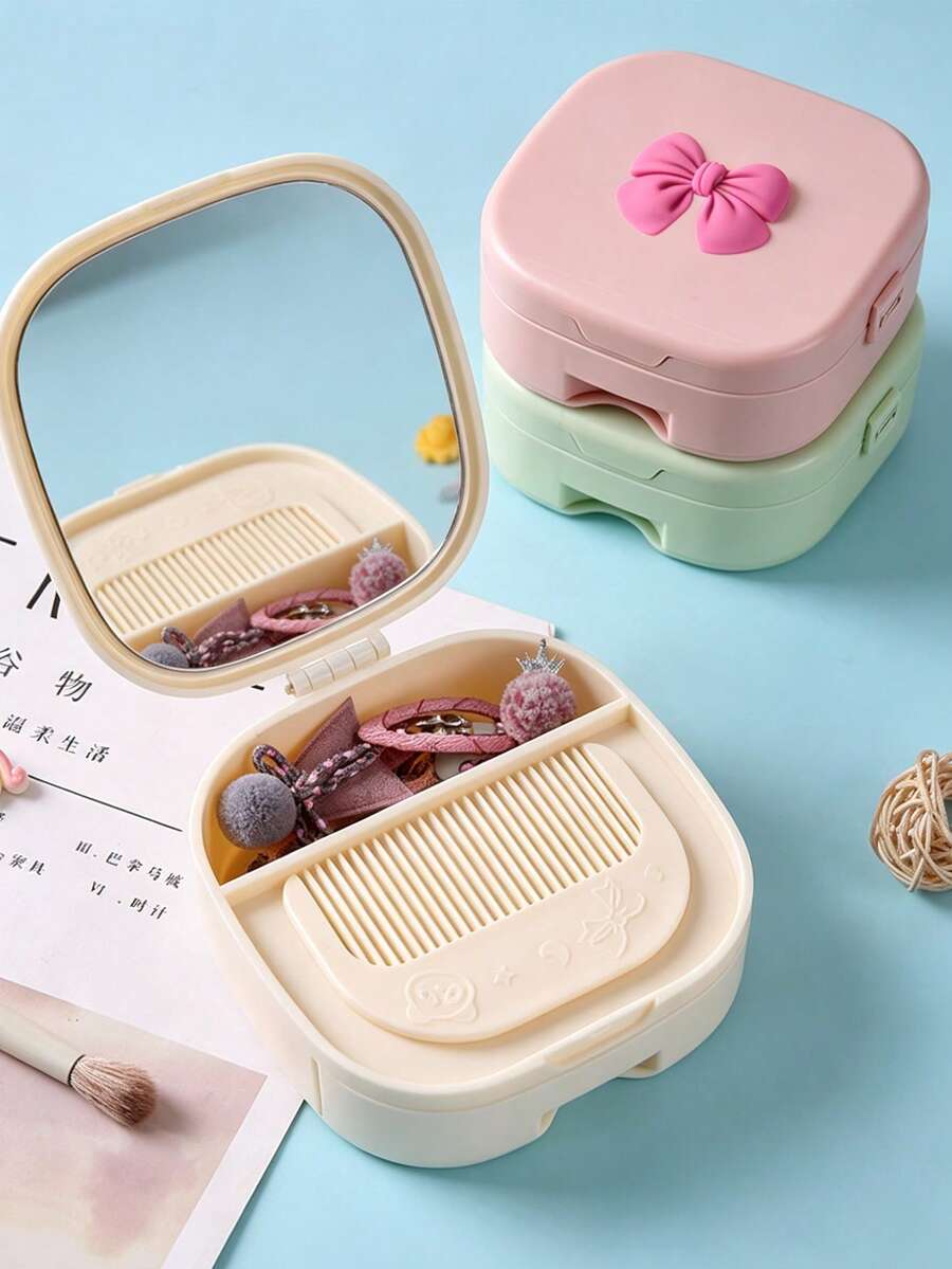 Bow Makeup Mirror Jewelry Storage Box, Plastic Drawer-Style Multi-Layer Cosmetic Mirror, Foldable Convenient Small Mirror Box, Foldable Covered Storage Box, Lightweight Dustproof, High Definition Mirror Surface, Smooth Sliding Drawers, Dressing Table Layered Compartments For Necklaces Rings Hair Clips, Fits Flat Inside Travel Suitcase With Lid Closed, Suitable For Women, College Students, Office Workers, Perfect Gift Between Friends, Protective Souvenir, Birthday Gift - Multicolor - View 1