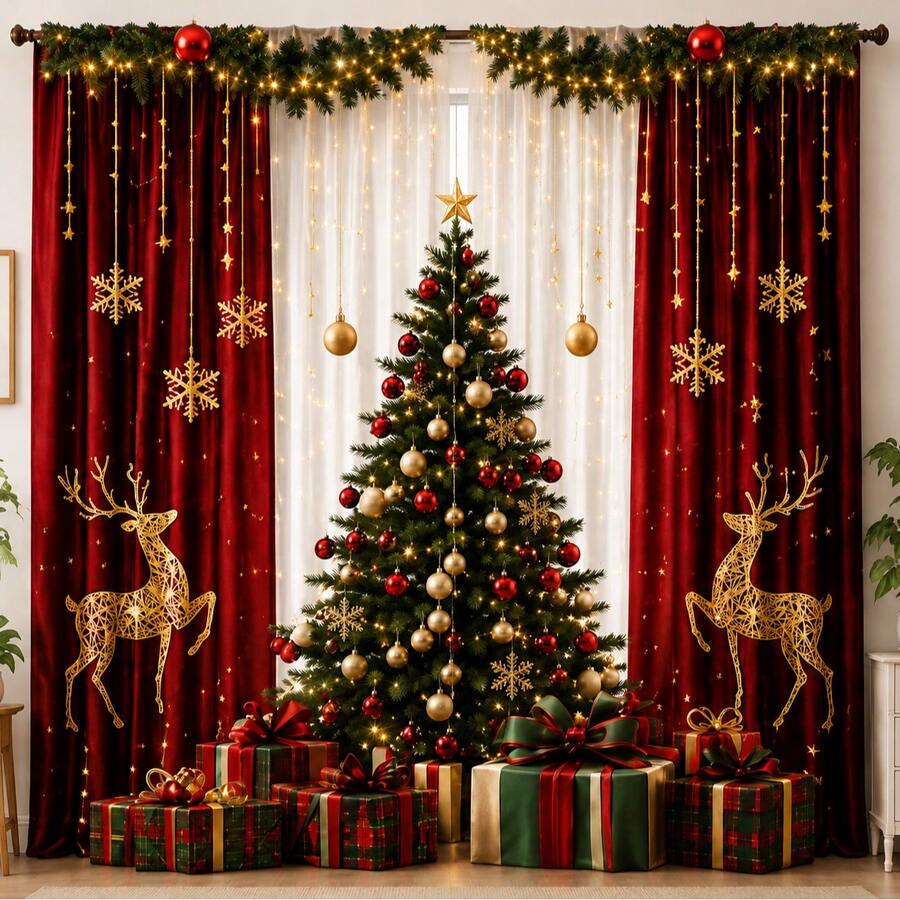 2pcs Christmas Cartoon Print Pattern Curtains, Vintage Cartoon Fairy Tale Polyester Fiber Digital Print Decorative Semi-Blackout Rod Pocket Curtains Suitable For Christmas Living Room Bedroom Autumn Winter Home Use - Multi-color-061201 - View 1