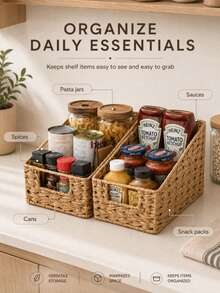 2 Pieces Detachable Trapezoid Woven Storage Basket Set With Cutout Handles, Waterproof Paper Rattan Large-Capacity Organizer Bins For Snacks, Toiletries, Pantry, Kitchen, Bathroom, Closet And Shelf - Multicolor - View 5