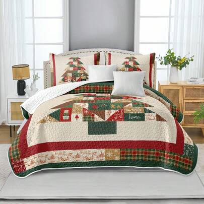 3 Pcs Christmas Queen King Size Boho Quilt Set Bedspread Set,Christmas Tree Snowman Pattern Bedspread Bedding Set Reindeer Quilted Coverlet Set With 2 Pillowcases For Christmas Decor