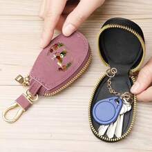 Floral Wreath Letter A-Z Car Key Holder, Mini Car Key Storage Bag, PU Leather Keychain Wallet, Zipper Pouch, Car Key Organizer, Car Keychain, Unisex Gift - Multicolor - View 4