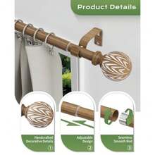 Wood Curtain Rods 1" Adjustable Boho Window Treatment Rods - Natural Wood - View 2