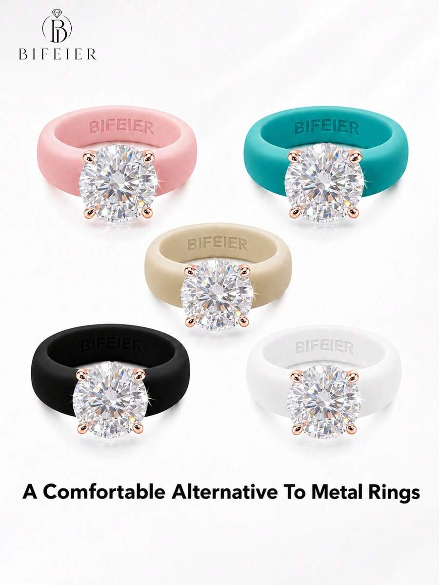 BIFEIER Round 5A Cubic Zirconia Women's Silicone Ring, Copper Plated 18K Rose Gold Band, Soft And Comfortable Ring, Stackable Wedding Engagement Alternative Ring, Sports Yoga Daily Wear Valentine's Day Anniversary Gift - Round - View 1