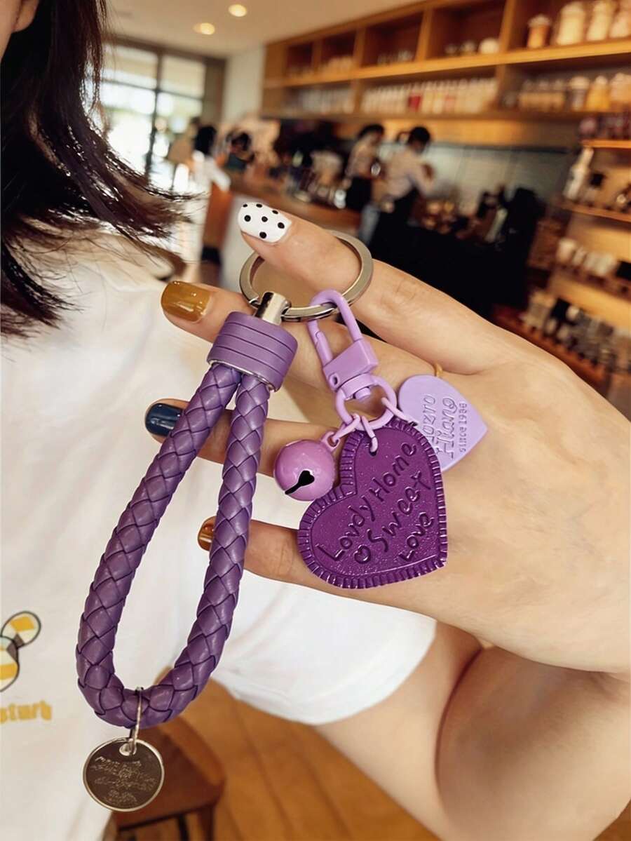 Gantungan Kunci Kulit Kepang, Gantungan Kunci dengan Liontin Hati Timbul dan Lonceng, Gantungan Kunci untuk Kunci Mobil, Gantungan Kunci Pergelangan Tangan, Hadiah untuk Wanita dan Anak Perempuan - MultiWarna - View 1