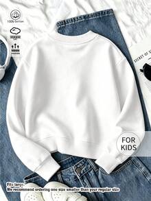 Kids Crew Neck Sweatshirt, Smiling Cartoon Crocodile Print Pure Cotton Pullover, Soft Casual Long Sleeve Top - White - View 8