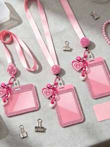 Shiny ID Card Holder With Lanyard And Matching Pendant, ID Card Storage Box, Anti-Loss Lanyard, Student ID Card Holder, Self-Service Restaurant Card Holder, Sliding Cover, Dual Card Slots, Small Card Slot, Bus Card Holder, Non-Inductive, Bank Card Holder, Metro Card Storage, Adjustable Portable ID Card Holder Decorative Keychain, Suitable For Office Workers And Students, Perfect Gift, Back To School Gift, Couple Card Holder, Bank Card Holder, Travel Essential - Multicolor - View 2