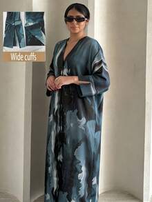 1 buah Cardigan Muslim Bermotif, Desain Lengan Manset Terpisah, Abaya Klasik Serbaguna - MultiWarna - View 13