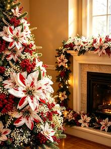 12/6/1pc Set Artificial Red & White Poinsettia Bouquet With Baby's Breath, Holiday Floral Arrangement Kit, Suitable For Fireplace, Stair Railing, Dining Table, Vase, Balcony Planter And Stage Backdrop, Perfect For Christmas Tree And Home Decor - Multicolor - View 4