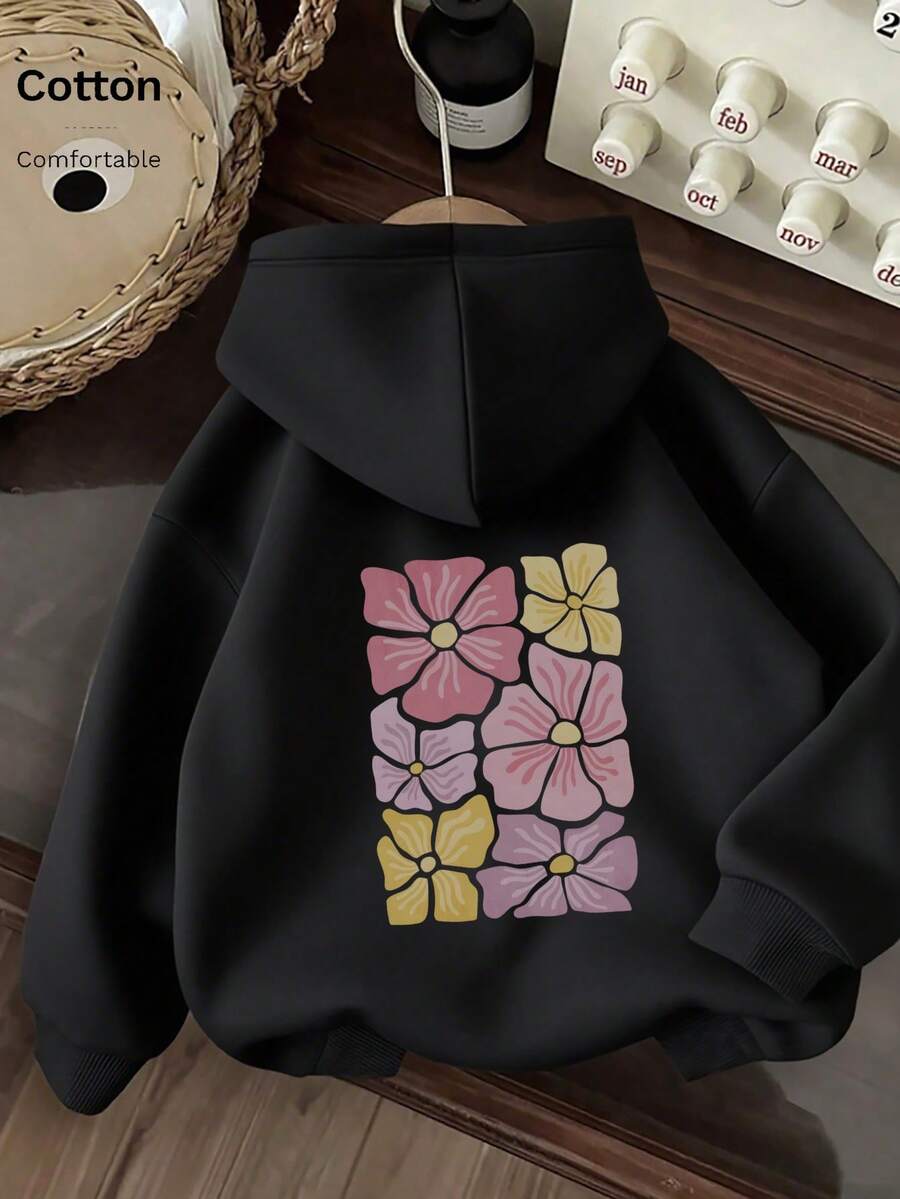Oversized Women's Sweatshirt For Autumn/Winter, Long-Sleeve Hoodie With Pockets, Casual Top, Y2K Style, Daily Letter Graphic Print, Unisex Black - Black - View 1