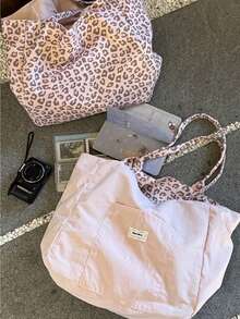 Tas Bahu Motif Pink/Macan Tutul Dua Sisi, Satu Tas dengan Dua Gaya Pemakaian, Versi Tote Kapasitas Besar, Termasuk Tas Penyimpanan - MultiWarna - View 2