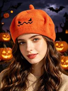 1 Peça Boina Tricotada de Abóbora de Halloween, Chapéu Tricotado Fofo com Rosto de Fantasma de Abóbora Laranja Bordado, Boina Macia e Quente para Outono/Inverno, Acessório de Cabeça para Cosplay, Decoração de Fantasia de Festa de Halloween, Acessório para Fotos - A - Visão 1