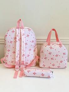 Set 3 Tas Ransel Nilon Motif Pita, Tas Ransel Lipat Multi-Saku Kapasitas Besar dengan Resleting, Cocok untuk Remaja, Siswa SMA, Mahasiswa, Remaja Perempuan untuk Penggunaan Sehari-hari, Bepergian, Perjalanan, Hadiah Hari Valentine - Berwarna merah muda - View 7