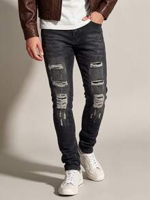 Men's Vintage Black-Grey Gradient Washed Slim Fit Stretch Denim Jeans, Multi-Layer Horizontal Distressed Ripped With White Frayed Details, Classic 5-Pocket Casual Denim Jeans - Black - View 1
