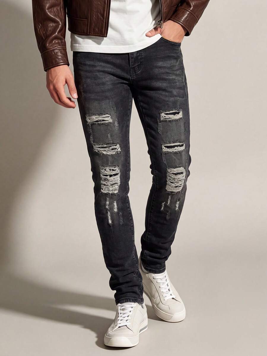 Men's Vintage Black-Grey Gradient Washed Slim Fit Stretch Denim Jeans, Multi-Layer Horizontal Distressed Ripped With White Frayed Details, Classic 5-Pocket Casual Denim Jeans - Black - View 1