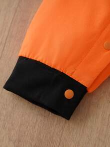 Interstellar Exploration Style Newborn Jumpsuit, Contrast Color Webbing Badge Decor Infant Long Sleeve Jumpsuit - Orange - View 9