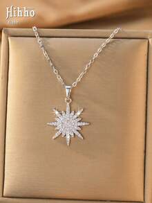 Hihho 1pc Bohemian 8-Pointed Star Necklace With Sparkling Zirconia Pendant, Layered Neck Chain For Women - Sun Star Radiance - View 6