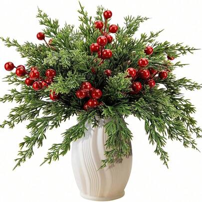 20pcs Christmas Artificial Pine Branches With Red Berries Stems, Faux Evergreen Norfolk Pine Needle Stems, Artificial Pine Needle Decorative Sprigs, Suitable For DIY Handmade Wreaths Home Decor, Artificial Holly Berry Mini Faux Berry Decorative Wreaths