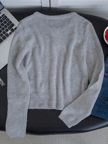 Autumn/Winter New Korean Style Casual Knit Cardigan, Sweet Grey Round Neck Open Front Soft Cropped Fitted Button-Up Solid Color Outerwear - Grey - View 9