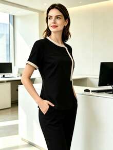 Piped Solid Color Small Round Neck Short Sleeve Multi-Pocket Set, Women's Slim Fit Professional Fashion Commute Workwear, Beauty Salon Maternity Center Business Suit - Black - View 5