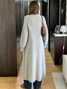 كارديجان صوف طويل محبوك للنساء، معطف طويل بأكمام طويلة وياقة على شكل حرف V بتصميم مضلع، مناسب للارتداء في الخريف/الشتاء - رمادي فاتح - مشاهدة 3