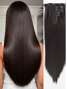 Set de 7 extensiones de cabello sintético de 18 a 32 pulgadas con clips, piezas de cabello negro gruesas y de aspecto natural - Marrón oscuro - Ver 2