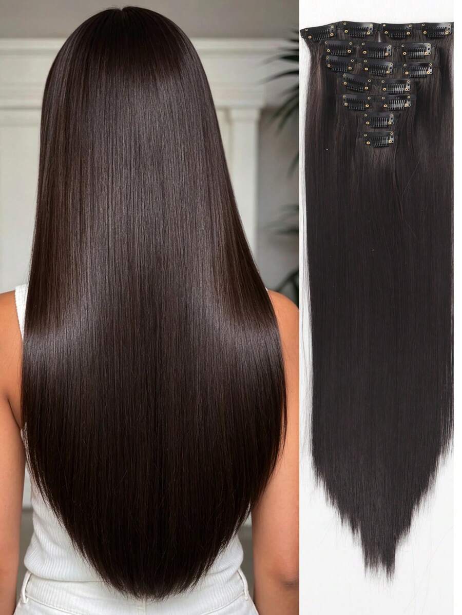 Set de 7 extensiones de cabello sintético de 18 a 32 pulgadas con clips, piezas de cabello negro gruesas y de aspecto natural