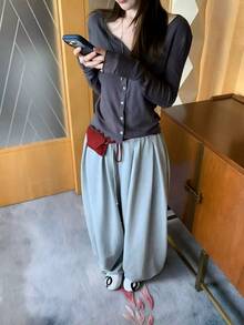 Women's New Autumn Ruffle Hem Premium Lazy Casual Sweatpants, Draped Slimming Wide Leg Straight Pants - Grey - View 9