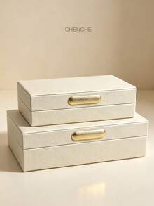 Set Of 2 S & L Size Cream Pebbled PU Leather Jewelry Boxes With Lid, Gold Zinc Alloy Bar Handle, Velvet Lined Rect Accessory Storage Organizer, Modern Luxury Vanity Bedroom Decor Holiday Gift - OFF-white - View 11