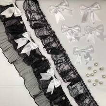 Black Elastic Double Layer Ruched Lace Trim, Elastic Lace Ruffle, Suitable For Sewing DIY Handmade Clothing Fringe, Race Ribbon, Coming Of Age Hair Ornament - 1 Yard Lace + 5 Pcs Oversized Bows - View 5