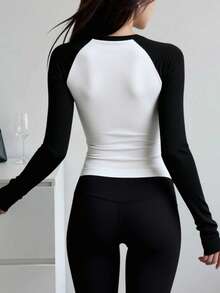Women's Black & White Contrast Color Sports Top, Long Sleeve, Waist-Cinching Design, Sexy Slim Fit, Suitable For Daily Wear, Travel, Sports Jacket - Black and White - View 5