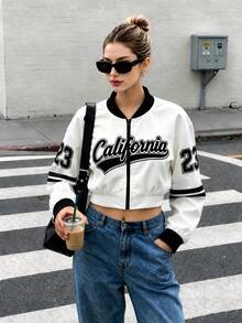 Women's Black & White Printed Sports Baseball Jacket, Short Waist Design Suitable For Sports And Daily Outings - Black and White - View 3