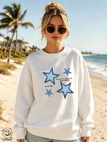 Women's Crew Neck Sweatshirt, Travel Pullover, Cotton Top, Women's Autumn/Winter Basic Sweatshirt - White - View 3