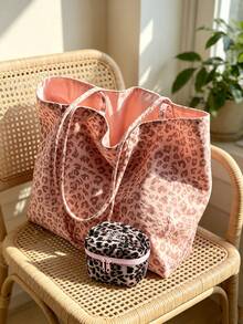 Tas Bahu Motif Pink/Macan Tutul Dua Sisi, Satu Tas dengan Dua Gaya Pemakaian, Versi Tote Kapasitas Besar, Termasuk Tas Penyimpanan - MultiWarna - View 13