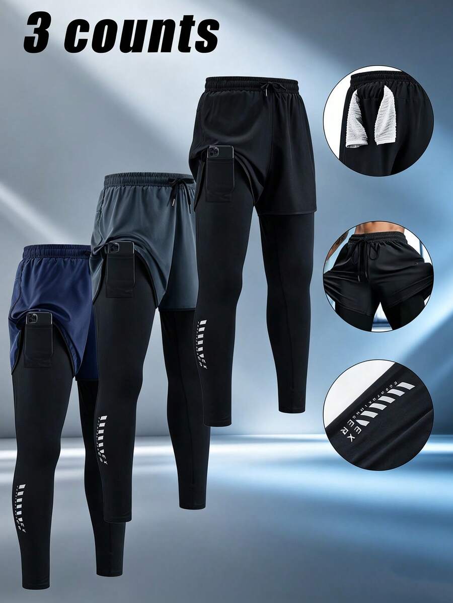 3pcs/Set Men's Sports Fashion Double-Layer Patchwork Shorts, Multi-Color Combination