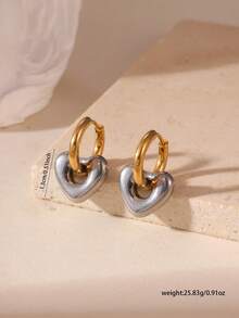 GEREIT 2pcs 18K Gold Stainless Steel Dual-Tone Heart & Flower Hoop Pendant Earrings - Multicolor 1 - View 2
