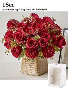 Artificial Flower Bouquet, Including Roses, Daisies, Double-Petal Flowers And Eucalyptus Leaves; Premium Mixed Floral Arrangement, Suitable For Home Decor, Holiday Decoration, Photography Props, Gift Decoration, Autumn Styling And Wedding Display. - Multicolor - View 13